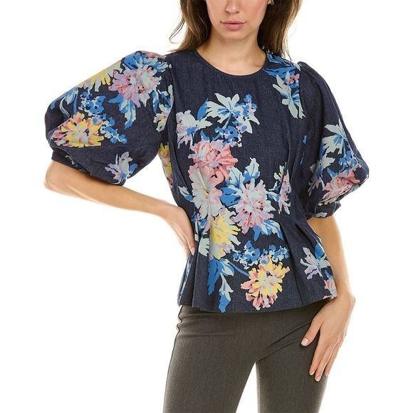 Gracia Denim Peplum Floral Puff-Sleeve Top Small Back Zip Cotton Blend - Picture 1 of 5